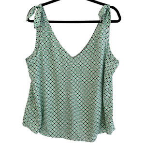 Ann Taylor Green Geometric Double V-Neck Tie Shoulder Georgette Tank Top Blouse